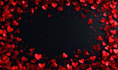 Red hearts like confetti falling from top bottom forming frame Free space design text Tender romantic background Wedding birthday