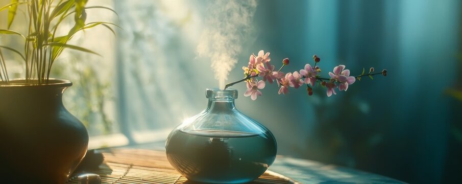 Relaxing aromatherapy session with diffuser and essential oils in a tranquil setting