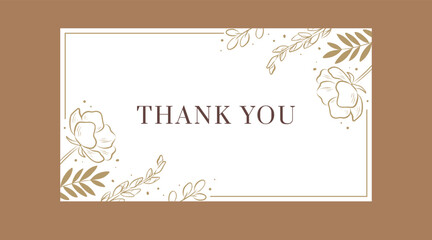 Thank you card template with golden floral decoration on corner sides. Vector vintage design for print, social media, web banner. Elegant background with hand drawn outline flowers and leaves. 