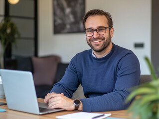 Fototapeta premium Happy man working on laptop smiling