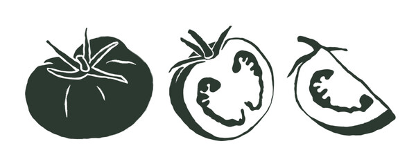 Set of hand drawn Tomatoes illustration. Hole Tomato and tomato slice in monochrome stencil style on a white background. Organic food and vegetable design for print and packaging