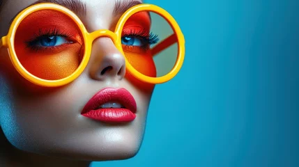 Close-up woman with vibrant makeup and bright round glasses © arsyi_06