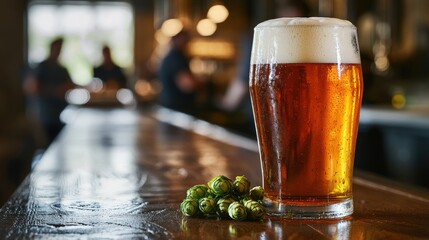 Craft Beer on Bar with Hops, reflecting tradition and brewing artistry. Ideal for brewery tours, pub promotions, and beverage industry marketing materials.