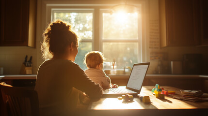Working Mother with Baby at Home Using Laptop
