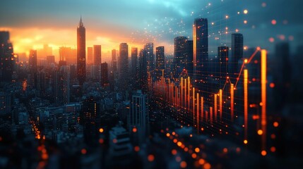 Fototapeta premium Sunset cityscape overlaid with vibrant financial data.