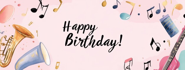 Musical birthday border on purple with notes and instruments