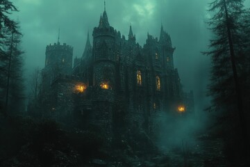 Fototapeta premium Enigmatic stone castle shrouded in forest mist