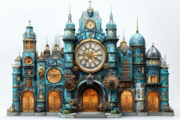 Obraz premium Steampunk clockwork palace, intricate design, turquoise gold.