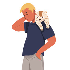 Man, guy holding cute cat. Happy men with lovely kitty. Pet owner portrait with adorable pretty feline animal. Flat vector illustration isolated on white background