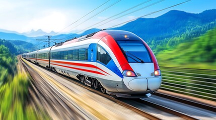 Fototapeta premium A high-speed train moving through a picturesque mountain landscape, with a clear sky above for text