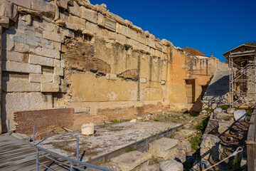 Fototapeta premium The most famous architectural landmarks of ancient greek heritage located in the Plaka district in Athens, Greece: the library of Hadrian, Wind tower, medieval mosque
