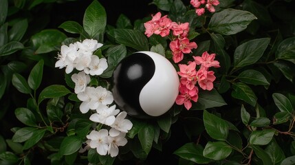 Yin yang symbol nestled among white and pink flowers and lush green leaves.