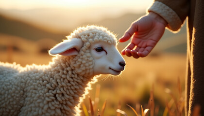 Gentle hand petting fluffy lamb in golden meadow