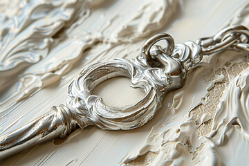 mystical key art, the close-up reveals the silver keys intricate loops and twists against an ivory backdrop, inviting contemplation of its hidden power or mystery