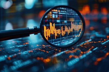 Magnifying glass reveals vibrant stock market data.