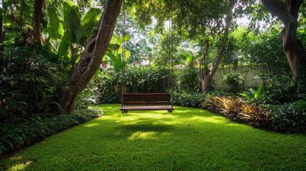 Serene garden swing amidst lush greenery in sunlit forested area.