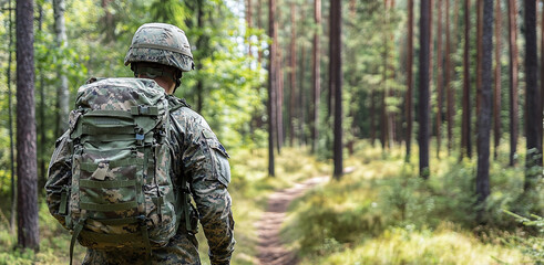 A soldier in camouflage fatigues and helmet hikes through a sunlit forest path, carrying a large backpack, symbolizing training and preparedness.