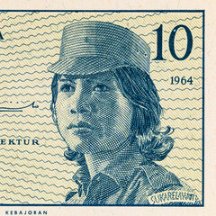 Fragment of a 10 sen banknote of Indonesia, 1964. Indonesian money. © Sergii
