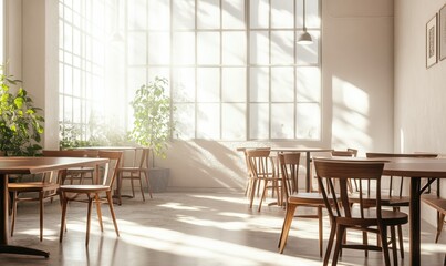 Obraz premium Bright and airy dining area with minimalist decor, wooden furniture, and sunlight streaming through large windows creating a fresh ambiance