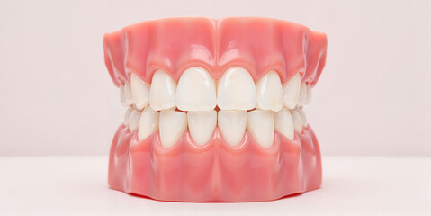 Obraz premium Dental prosthesis model with realistic gums and teeth - educational visual for dentistry websites, medical presentations, and oral health awareness campaigns