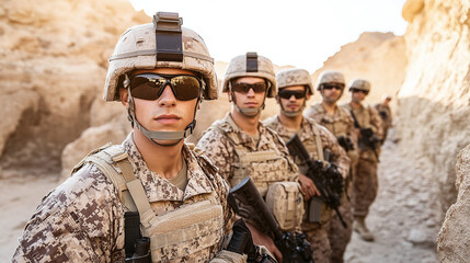 Fototapeta premium Squad of soldiers on patrol in a desert environment, with the lead soldier in focus. Military personnel on duty in arid landscape.