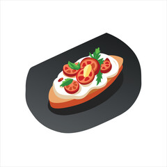 Bruschetta with Cheese, Tomato, and Bacon Vector Illustration