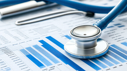 Medical Analysis: Stethoscope resting on a financial chart. Healthcare metrics and economic trends converge in visual representation of health industry.