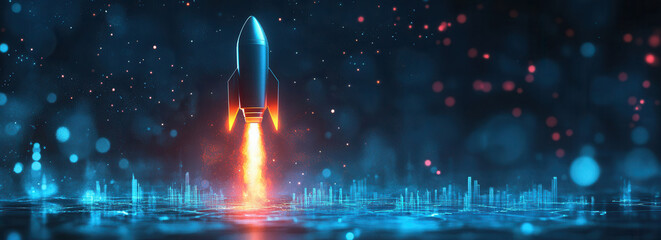 high-speed internet, 5G. Futuristic blue background featuring glowing arrows and a rocket taking off symbolizing business growth and market success