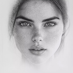 Obraz premium Stunning art depicting a close-up portrait of a young woman with captivating eyes and freckled skin