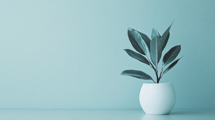 Elegant rubber plant in a white spherical pot. Fresh green leaves pop against a calming light blue backdrop. Modern simplicity at its best.