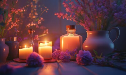 Serenity captured with essential oil, flowers, and candles set in a tranquil atmosphere