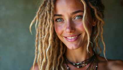 The portrait of the smiling hippie girl. AI image