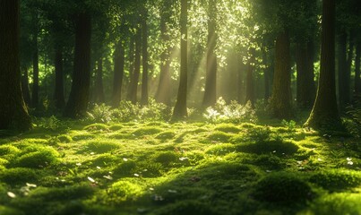 Obraz premium Close-up of a lush green moss-covered forest floor illuminated by soft natural light creating a peaceful and vibrant setting .
