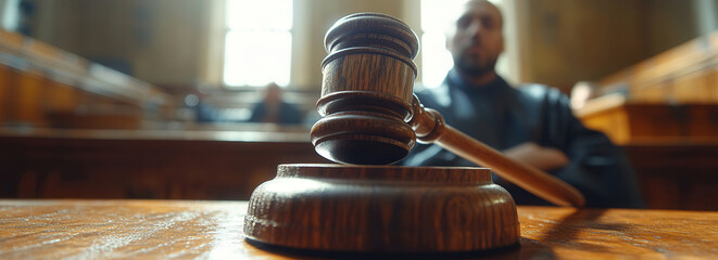 Close-up of a gavel on a court table with a blurred defendant in the background during a legal proceeding. alimony, confiscation of property, condemnation by society, sentence. to go to jail