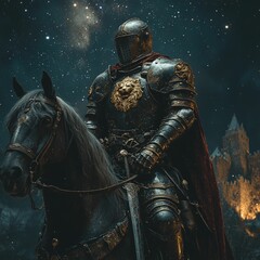 Fototapeta premium Majestic knight, dark armor, lion emblem, snowy night.