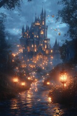 Enchanting castle, rain, glowing lanterns, magical night.