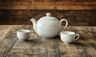 Fototapeta premium Elegant white porcelain teapot and matching cups placed on a rustic wooden table, soft natural light highlighting its minimalist design and inviting tones