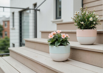 White potted flowers on wooden porch steps for home decor blogs, gardening websites, and content about minimalist outdoor decoration and container gardening