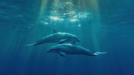 Fototapeta premium Two Dolphins Swimming Underwater in Sunlight