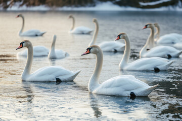 Obraz premium Graceful Swans on Icy Water:A serene gathering of majestic swans floats gracefully on a calm body of water, their pristine white plumage contrasting subtly with the cold hues of the icy environment.