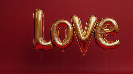 Golden foil balloons spelling love against a minimalistic red background for a festive celebration or event decoration