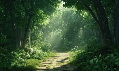 Scenic forest pathway surrounded by lush green trees and illuminated by dappled sunlight, creating a peaceful and adventurous vibe