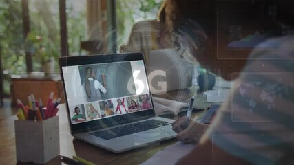 6G technology animation over people in virtual meeting on laptop screen - Powered by Adobe