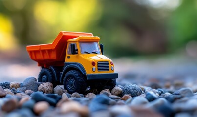 Toy truck transports small pebbles outdoors