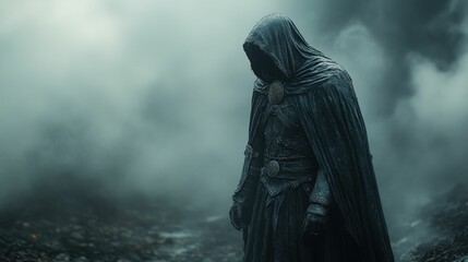 Hooded figure stands, dark cloak, misty landscape.