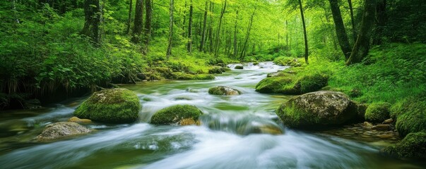 Obraz premium Tranquil garden stream flowing over natural rocks amidst lush greenery.