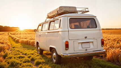 Vintage white camper van in golden wheat field at sunset - nostalgic travel imagery for adventure blogs, road trip websites, and vacation planning platforms