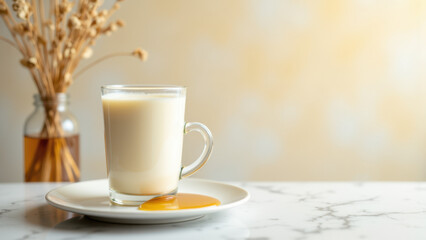 Fototapeta premium Warm glass of milk with a touch of honey on a white saucer.