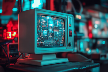 Fototapeta premium Nostalgia in Pixels: An antique monitor displays a vivid circuit board graphic, set against a backdrop of high-tech and vintage gadgets, creating a mesmerizing blend of past and future