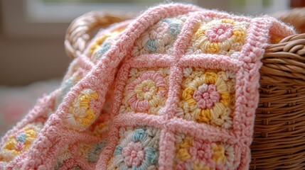 Crocheted patchwork quilt with floral patterns in a wicker basket